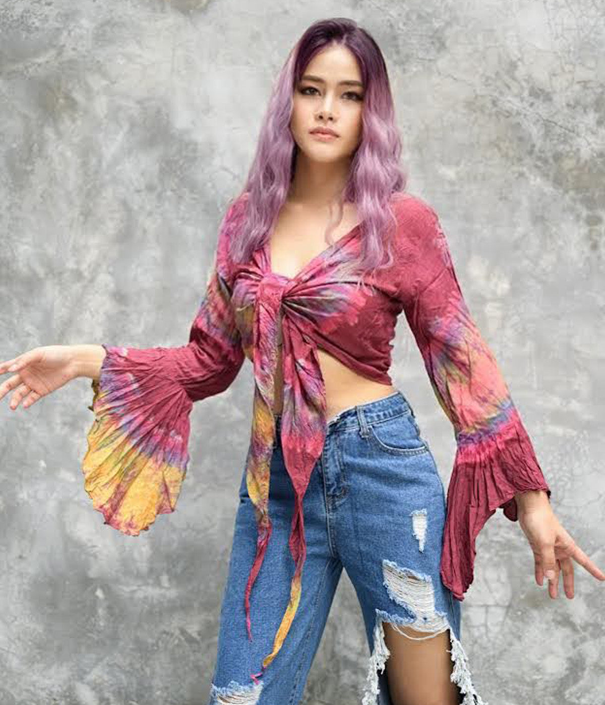 Women Petite & Teen CROP TOP Tie Front or Back Ruffle Bell Sleeve Free Size Handmade Tie Dye (23 Pink Hibiscus)