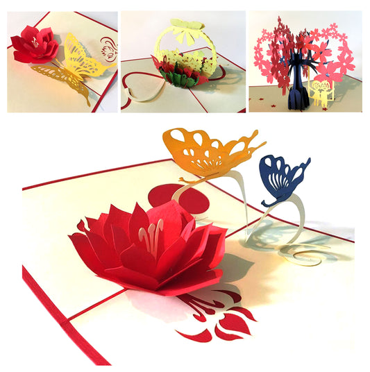 (4 cards) 3D Pop Up Greeting Blank Cards 4x 6 inch - Butterfly Garden Flower Basket