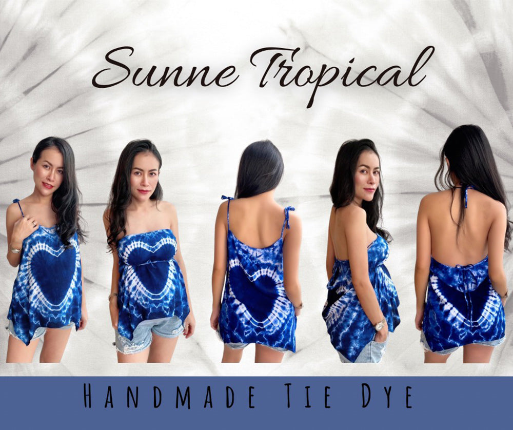 Cami Camisole Teen & Women, One Size Free Size Fit 0 to 8, Handmade Tie Dyed - Indigo Blue Heart