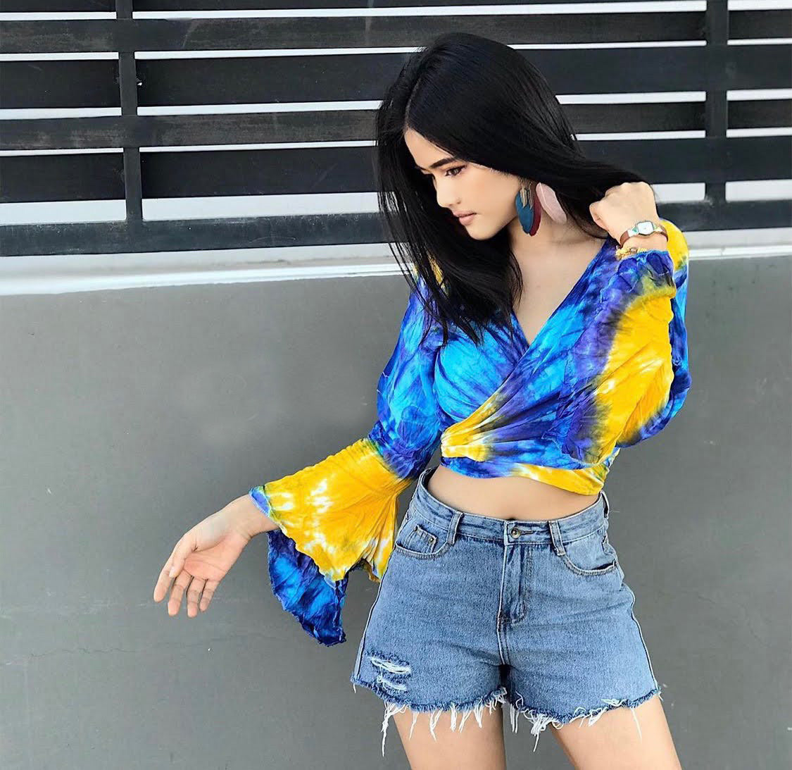 Women Petite & Teen CROP TOP Tie Front or Back Ruffle Bell Sleeve Free Size Handmade Tie Dye (08 Blue Sky)