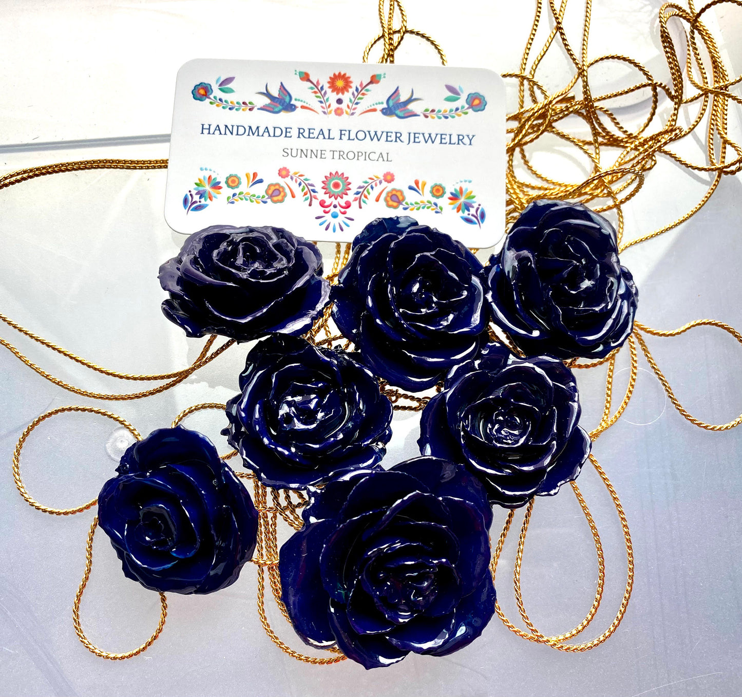 Mini Rose Mini 1.5-2.25 inch Pendant Necklace 18 inch Gold Plated 24K (Indigo Blue)