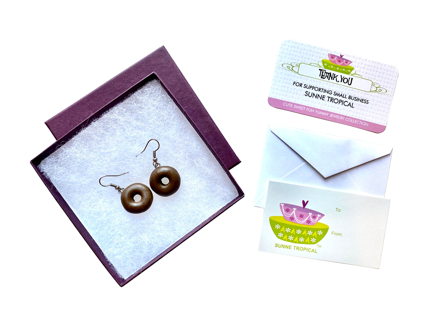 Handmade Doughnut Earrings Food Miniature Donut Earring in RANDOM COLOR Giftbox - Chocolate