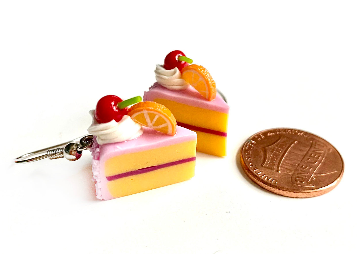 Handmade miniature food model earrings for Girls Teen - Slice Cake Cherry Orange