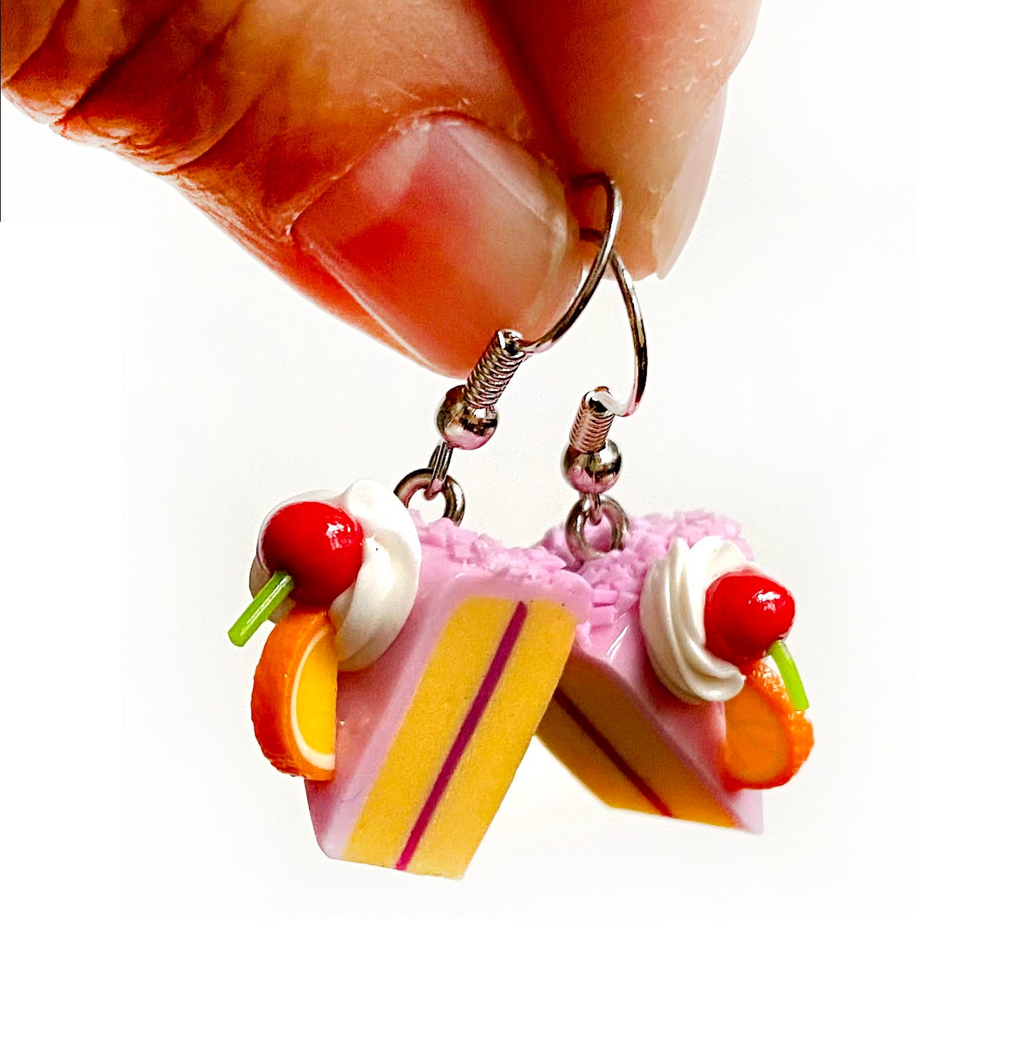 Handmade miniature food model earrings for Girls Teen - Slice Cake Cherry Orange