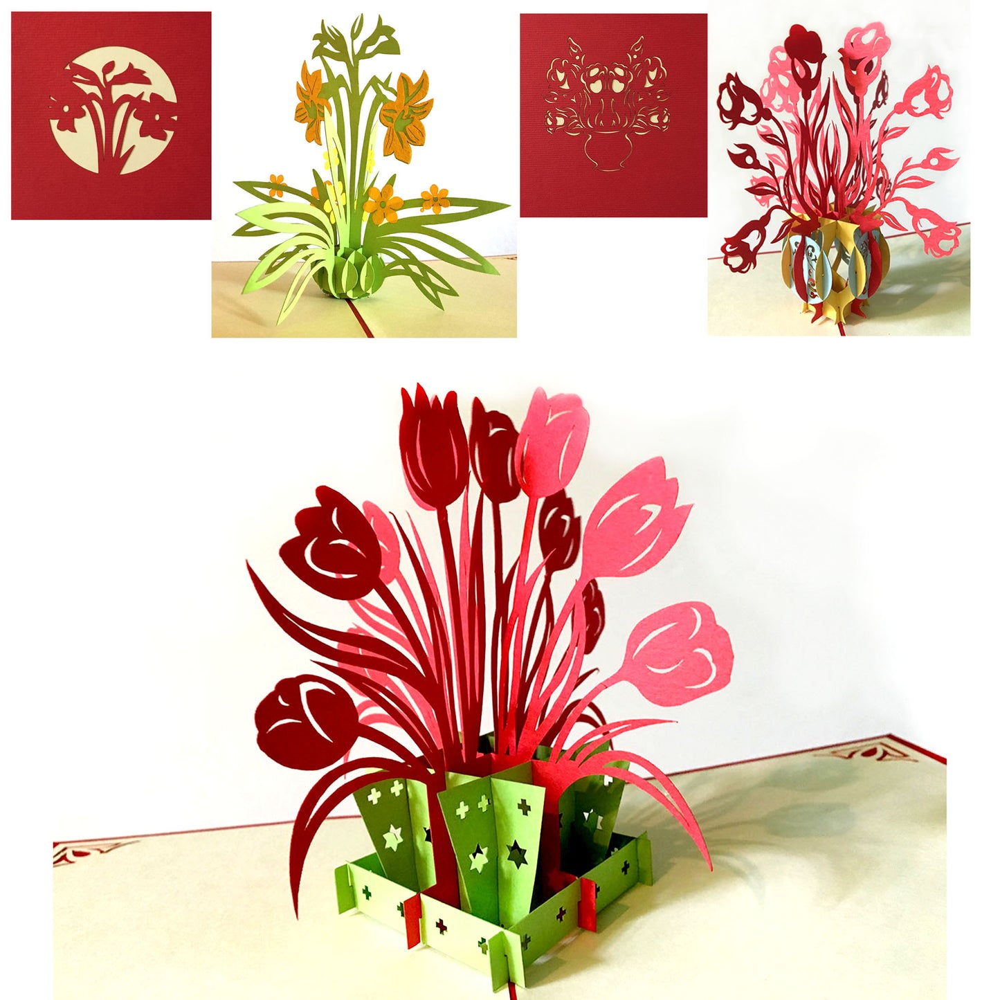 (3 Cards Pack) 3D Pop Up Card 4.75 Inch Birthday Greeting Flower Card - Tulip Gift Flower Pot
