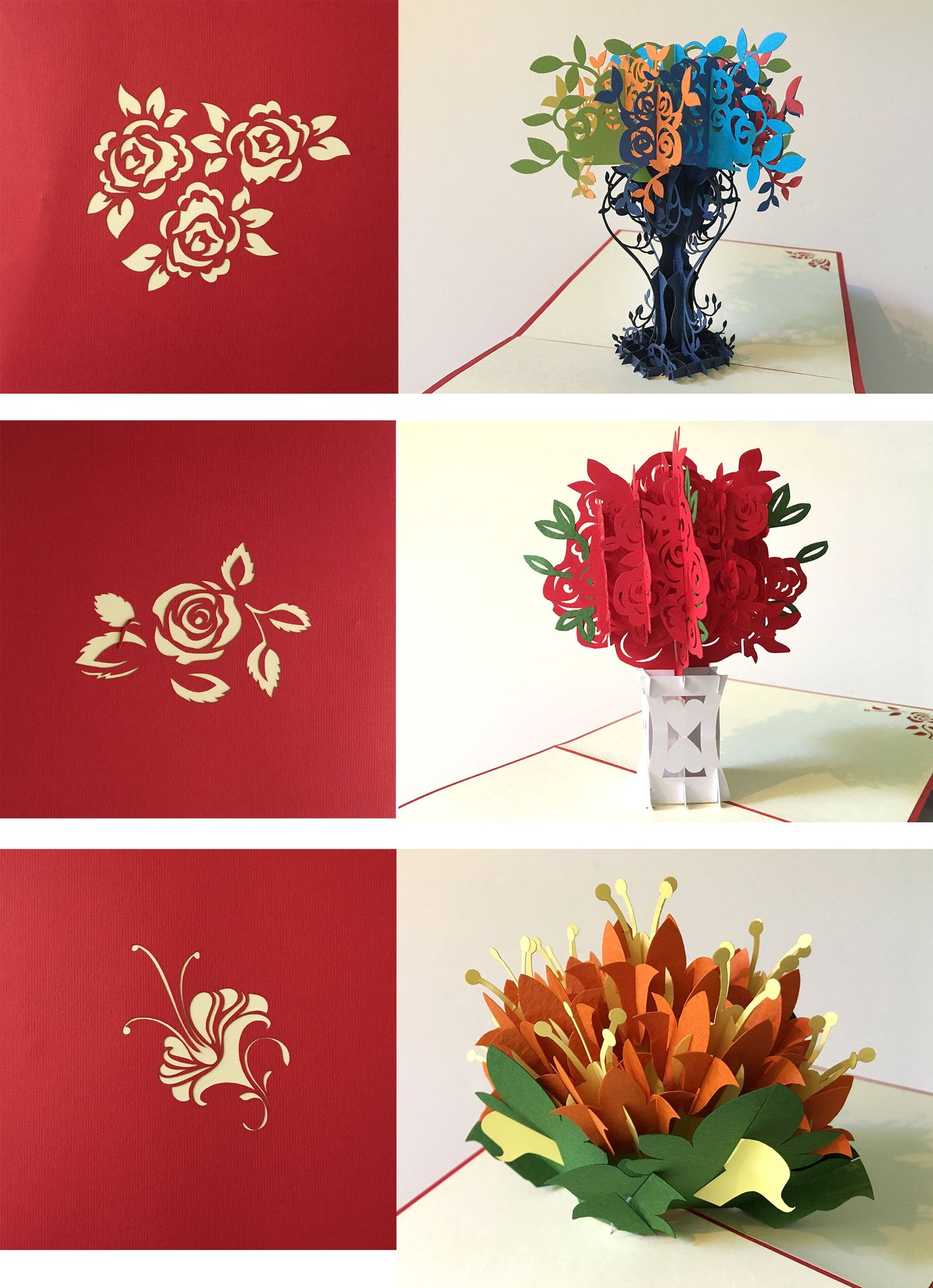 (3 Cards Pack) 3D Pop Up Flower Card 5.75 Inch Greeting Card Red Rose Heart Vase