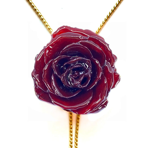 Mini Rose Mini 1.5-2.25 inch Pendant Necklace 18 inch Gold Plated 24K (Red Burgundy)