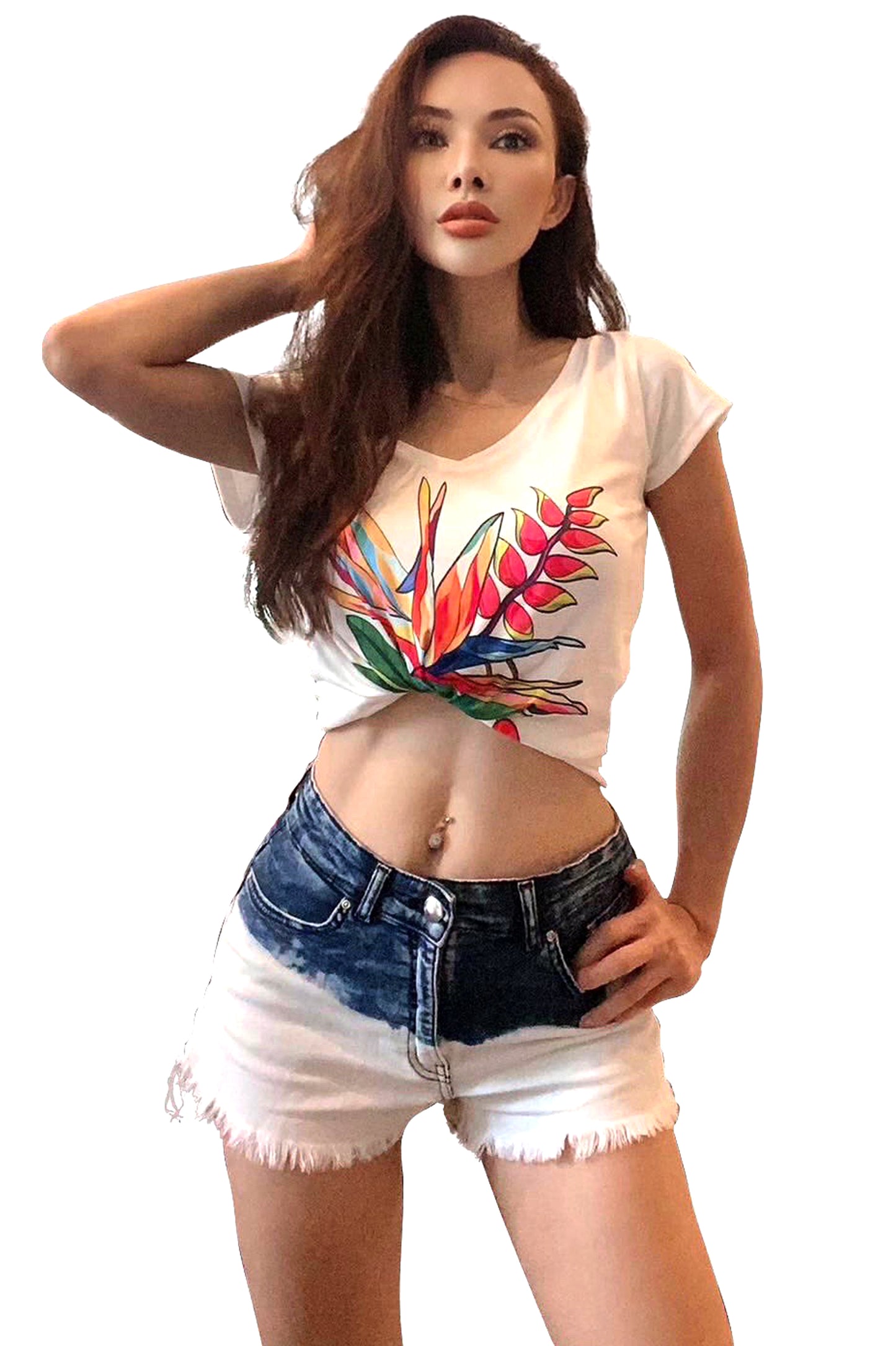 Sunne Tropical Women Top Tee White Loose Fit T-Shirt - Super Soft Light Weight Polyester Spandex - Heliconia Bird Of Paradise